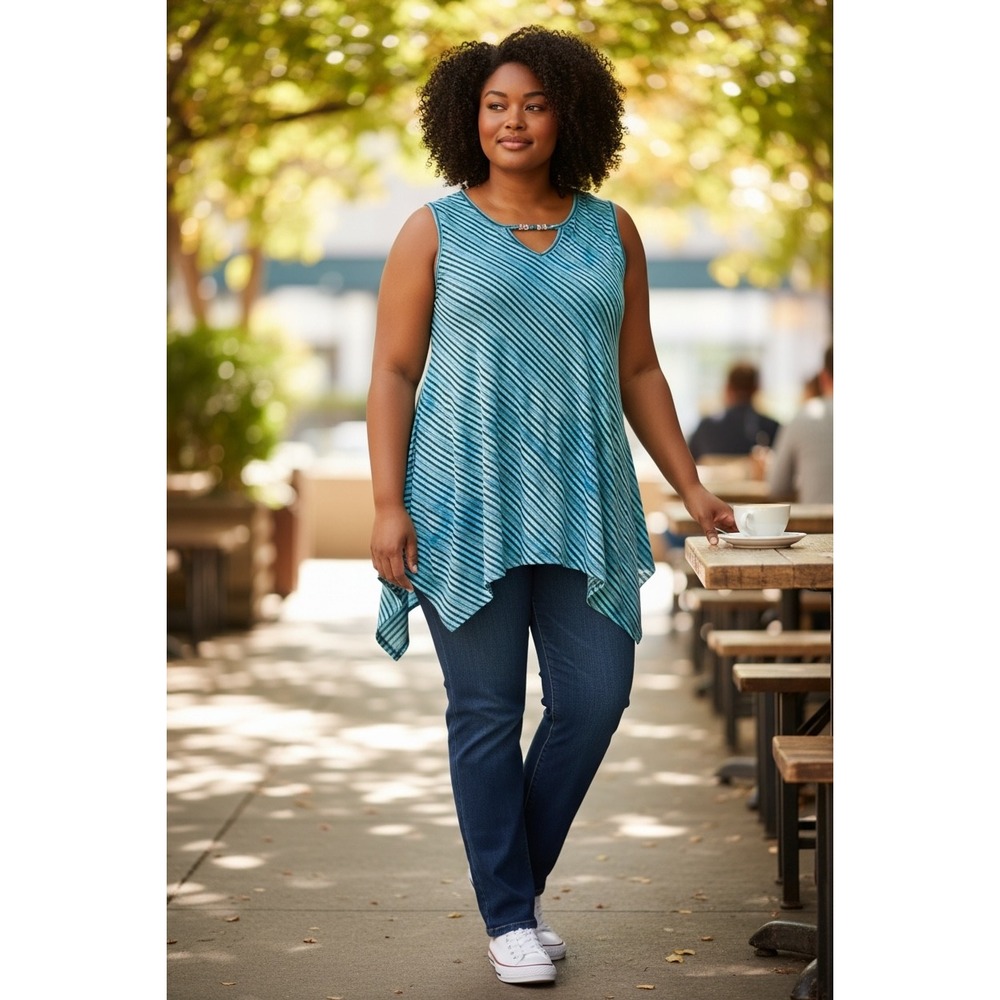 Cato Woman Turquoise Striped Beaded Sharkbite Tunic Tank Top Plus Size 18/20W